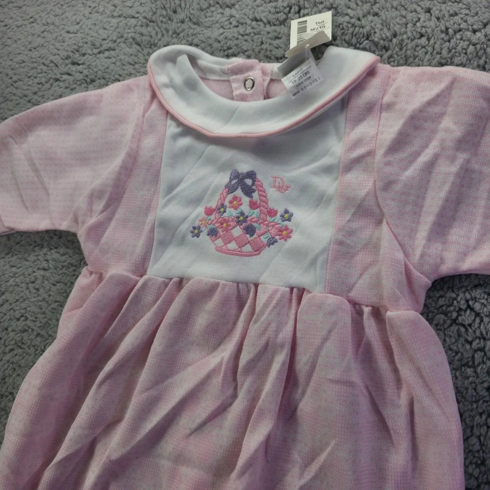 Baby Dior Vintage Pink Flower Basket Footed Sleeper Romper NWT Sz L 18-23 lbs
